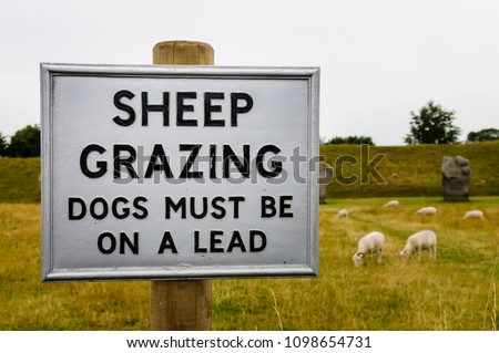 Sign warning public to keep dogs on a lead as sheep are grazing