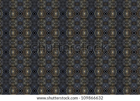 Intricate blue and gold abstract woven design on black background (tile able)
