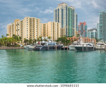 View of luxury yachts and apartments of Maiami, Florida, USA