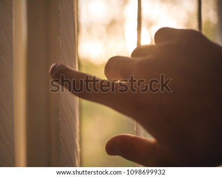 close up hand opens jalousie against the sunset through the window