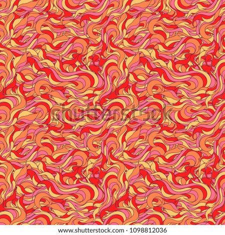 Painted seamless pattern with a curls and petals in red, orange and yellow gamma. Endless vector ornament for fabric and office supplies.
