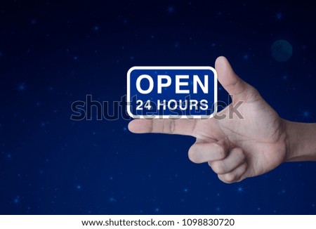 Open 24 hours icon on finger over fantasy night sky and moon, Business full time service concept