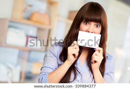 Woman Holding Blank Card, Indoor