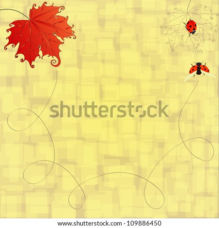 Autumn  background: bright red, outline leaves and ladybirds.