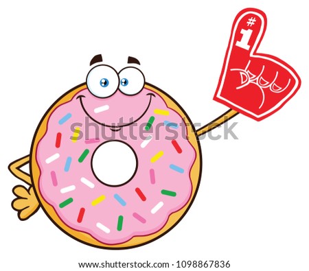 Smiling Donut Cartoon Mascot Character With Sprinkles Wearing A Foam Finger. Vector Illustration Isolated On White Background