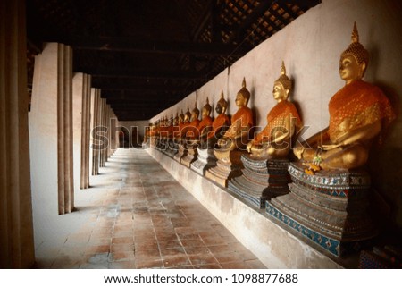 A row of ancient buddha statues is stood orderly in a temple in Ayuttaya province, Thailand