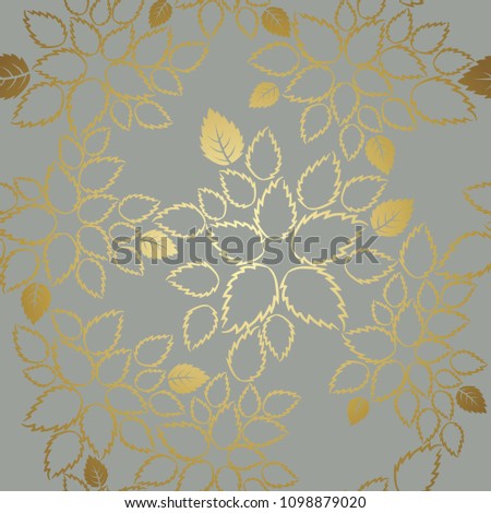 Seamless golden lace leaves pattern on grey background. 