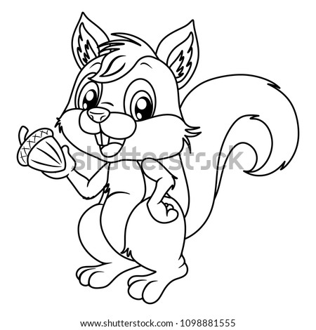 Black and White Vector Illustration of a Happy Squirrel. Cute Cartoon Squirrel Isolated on a White Background Coloring Page. Happy Animals Coloring Book for Children Royalty-Free Stock Photo #1098881555
