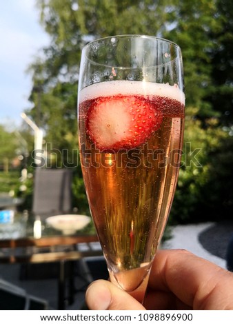 champagne flute with strawberry cocktail at garden party 