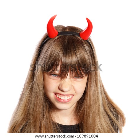 girl with red devil horns on a white background