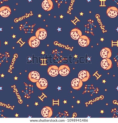 vector Zodiac sign cartoon seamless pattern. Constellation Gemini. Night starry sky. Astronomy, astrology horoscope simple set. Space texture. Funny background. Cute magic galaxy illustration 01
