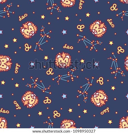 vector Zodiac sign cartoon seamless pattern. Constellation Leo. Night starry sky. Astronomy, astrology horoscope simple set. Space texture. Funny background. Cute magic galaxy illustration