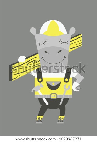 Builder hippo with tools and board. Cartoon style. Vector illustration.
