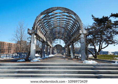 Tresseled Walkway in the 'Christopher Columbus Waterfront Park' at sunrise in Boston