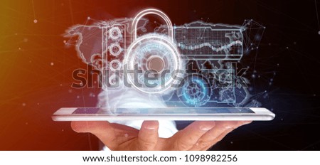 View of a Man holding a padlock security technology interface 3d rendering