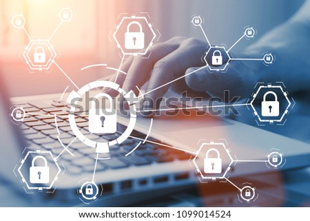 Online internet secure payment and network safe communication and banking concept. Person pay in web via computer. Locks and padlocks on diagram.