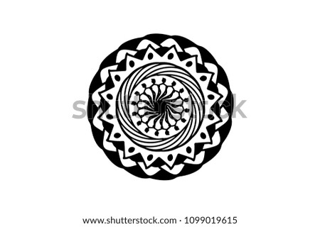 Black native mandala on white background. Vector mandala decor. Futuristic stamp template. Single concentric ornament isolated. Abstract medallion. Handdrawn seal or tattoo. Coloring mandala clipart. 