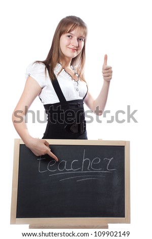 girl the student about a blackboard shows on a word the teacher