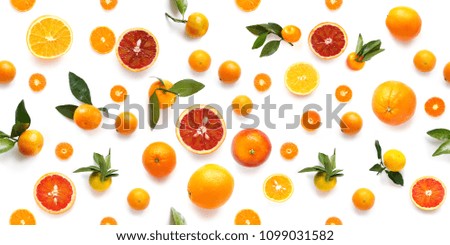 Food texture. Seamless pattern of fresh fruit tangerines and orange isolated on white background, top view, flat lay.