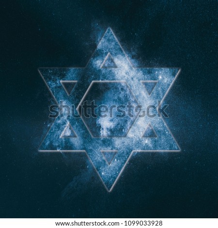 Magen David symbol, Star of David. Abstract night sky background.