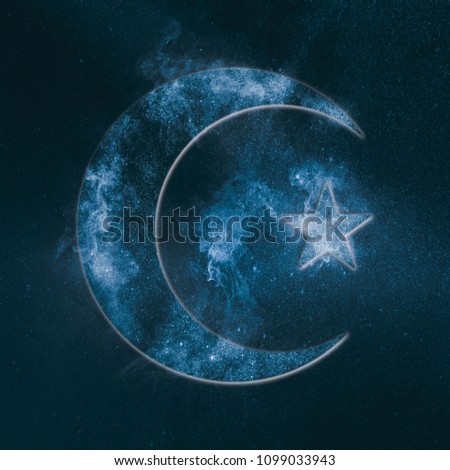 Symbol of Islam. Star and crescent moon. Abstract night sky background. 