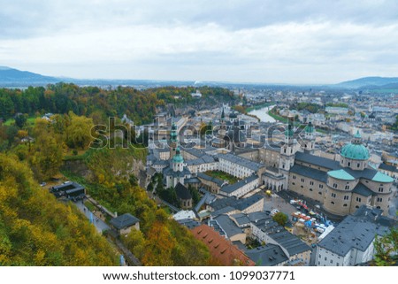 Large horizontal panorama of city from Hohensalzburg castle, Salzburg, Austria 