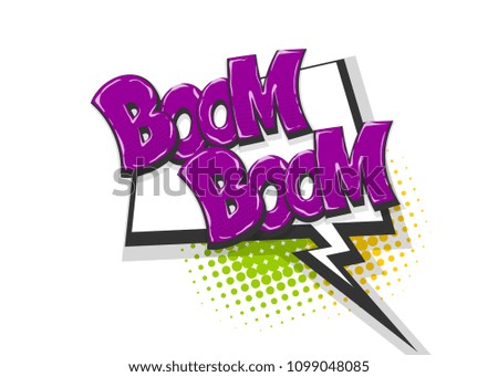 Boom isolated white comic text speech bubble. Colored pop art style sound effect. Halftone vector illustration banner. Vintage comics book poster. Colored funny cloud font.