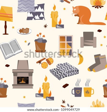 Hygge seamless pattern. Vector illustration with forest plants and cozy home things like candles, socks, wrap, cocoa, fireplace. Harmony with nature and cozy danish happiness concept.
