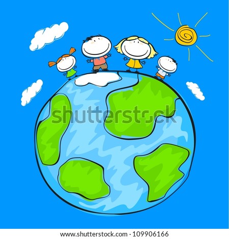 Child's drawing of the happy family on the Earth