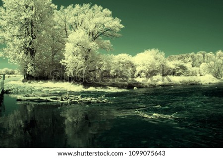 Infrared Photo: River view, treeline and sky in distance