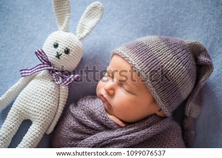Tiny Sleeping Newborn Baby covered with rich purple coloured wrap, In the hood With a toy with a white hare