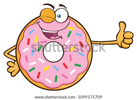 Winking Donut Cartoon Mascot Character With Sprinkles Giving A Thumb Up. Raster Illustration Isolated On White Background