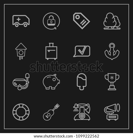 Modern, simple vector icon set on dark background with lock, water, tag, gramophone, emergency, championship, money, bank, inflatable, sound, winner, snorkel, guitar, phone, telephone, finance icons