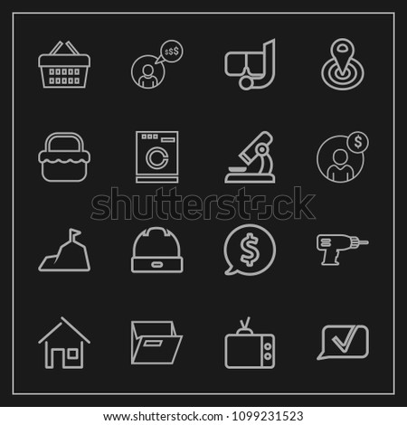 Modern, simple vector icon set on dark background with file, freelancer, paper, office, tag, screen, fashion, mountain, sale, home, computer, shop, frame, house, freelance, label, hand, price icons