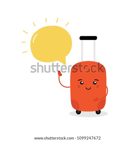 Cute cartoon travel bag, suitcase character with bright yellow speech bubble, template for holiday, vacation planning advice.