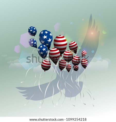 The US independence day.  Background with balloons in the form of the US flag. Flight of the balloons and the eagle up.