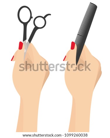 Two Beautiful Woman Hands Holding Hairdresser Comb and Scissor Close Up Vector Illustration Isolated on White
