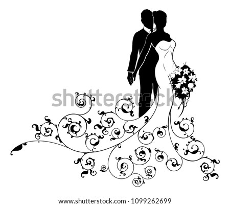 Bride and groom wedding couple in silhouette the bride in white bridal dress gown holding a floral bouquet of flowers and abstract floral pattern