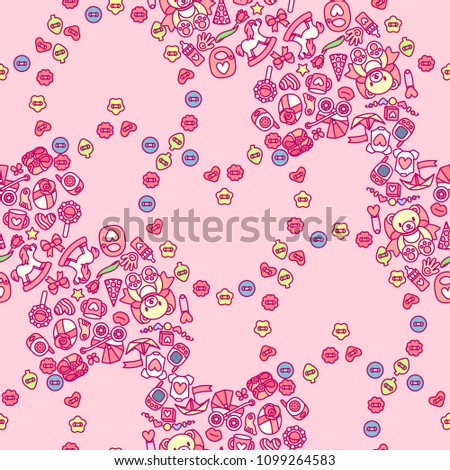 vector cartoon baby shower seamless pattern. Simple scrapbook texture. Funny toys, clothes, pink background. Birth party invite element. Cute backdrop texture illustration. Wrapping design for kids 02