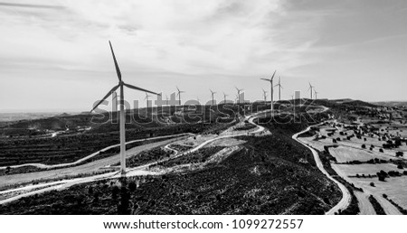 Shooting from the air. A lot of windmills. A picture at the same height as the windmill. Black and white photo
