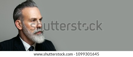 Close-up portrait of bearded gentleman wearing trendy suit over empty gray background. Copy Paste text space. Wide