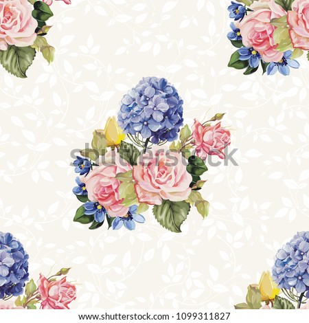 Seamless floral pattern with hydrangea flowers and roses