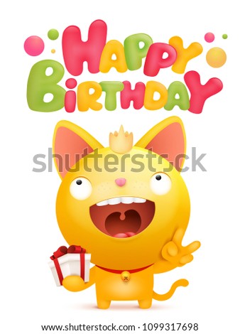 Happy Birthday card template with yellow emoji cat character. Vector illustration