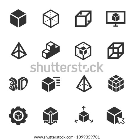 3D modeling, monochrome icons set. 3-dimensional model, simple symbols collection Royalty-Free Stock Photo #1099359701