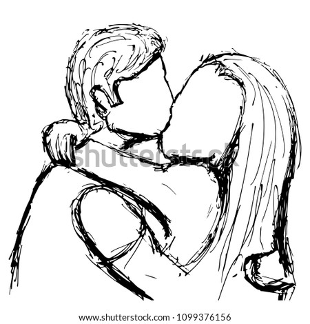 Loving couple embracing and kissing - continuous line drawing.
