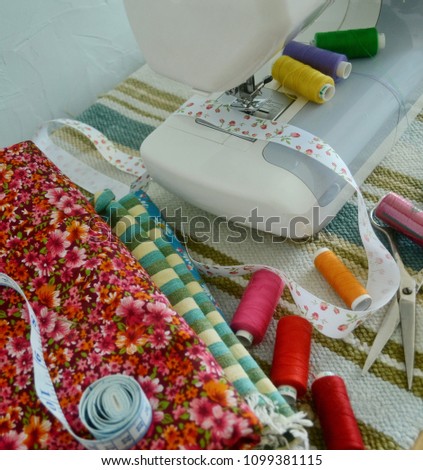 handmade, sewing, sewing machine, colored thread, fabric