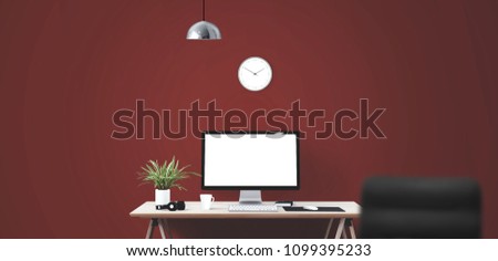 Computer display and office tools on desk. Desktop computer screen isolated. Modern creative workspace background. Front view 