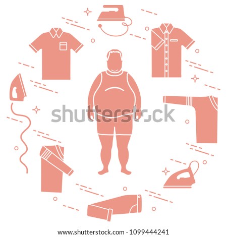 Fat man, irons, folded trousers, t-shirt, jumper, shirt. Design for banner and print.