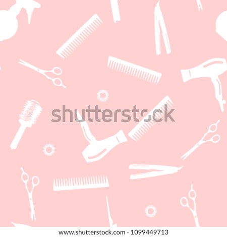 barbershop endless illustration. Seamless pattern with professional hairdresser tools. Fashion and beauty background. Design for announcement, advertisement, print. Pink background