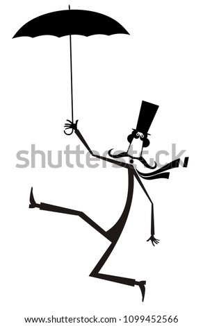 Mustache man in the top hat walking with umbrella black on white illustration vector